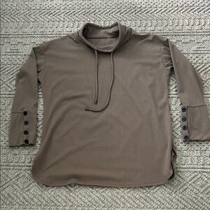 Brown knit tunic style top with oversized neck and drawstring!